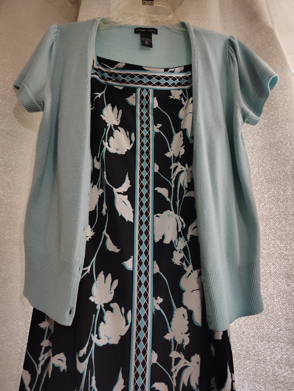 Anne Klein Black Floral Dress with Light Mint Cardigan